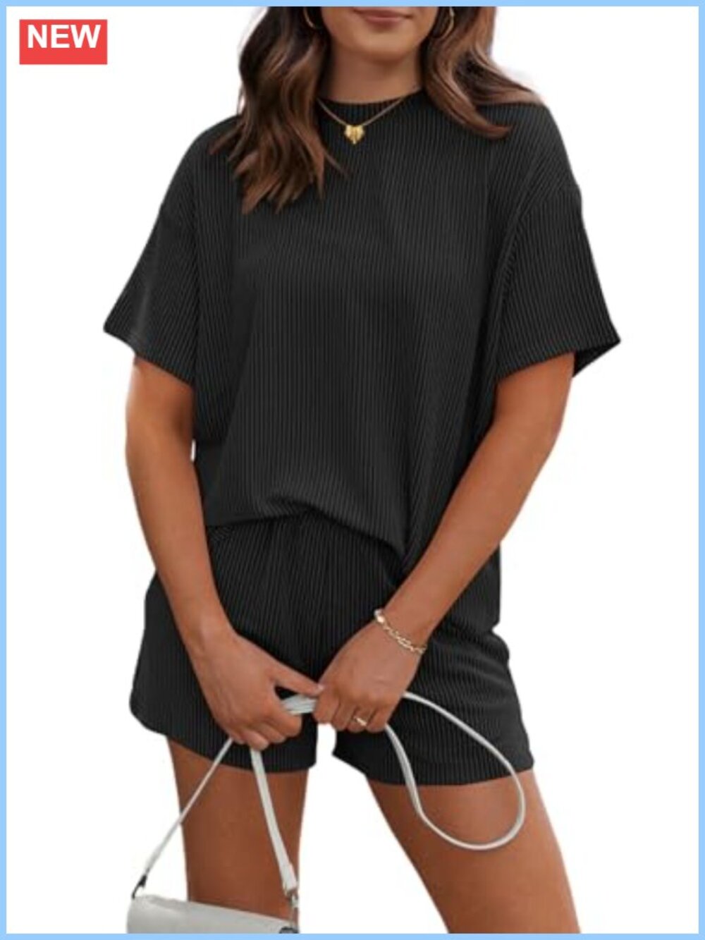 Ribbed Knit Two Piece Lounge Set Short Sleeve Top & Pocket Shorts
